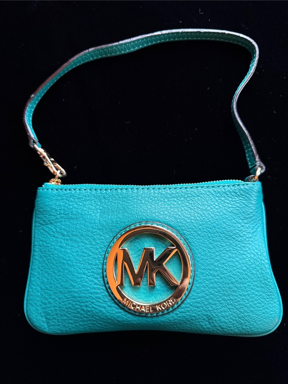 Michael Kors Turquoise Leather Wristlet with Gold MK Emblem